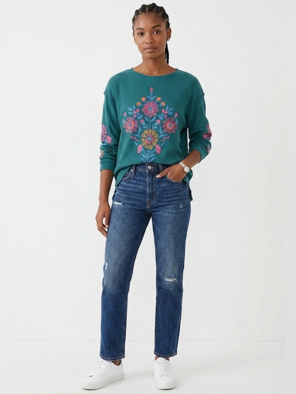 Natural Life Teal Thermal Top L/XL Embroidered Floral - Women